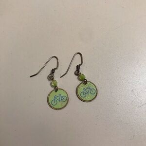 Sterling Silver 925 Hooks Green Bicycle Brass Dangling Earrings